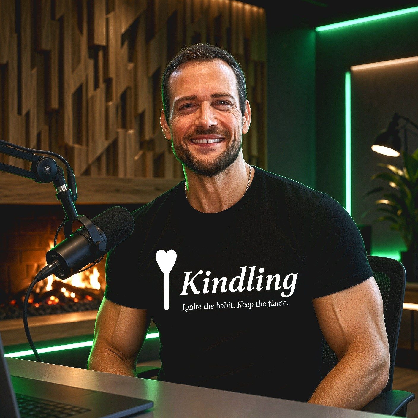John Hooper, founder of the Kindling Habit Tracker Free App, in a modern podcast studio wearing a Kindling shirt with the match mark and tagline Ignite the habit. Keep the flame, beside a broadcast mic, walnut acoustic wall, and a lit hearth.