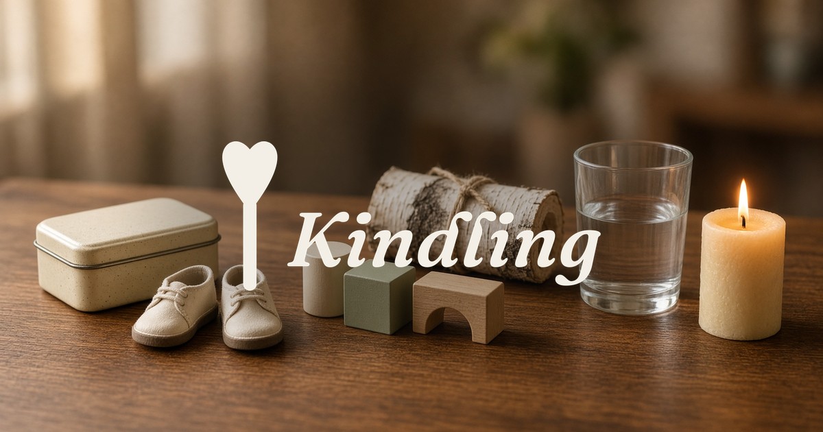 Ember Notes: A child's grate — tiny walking shoes, a cream lunch tin, wooden blocks, birch bark, a lit beeswax candle on walnut, Kindling wordmark and mykindling.app