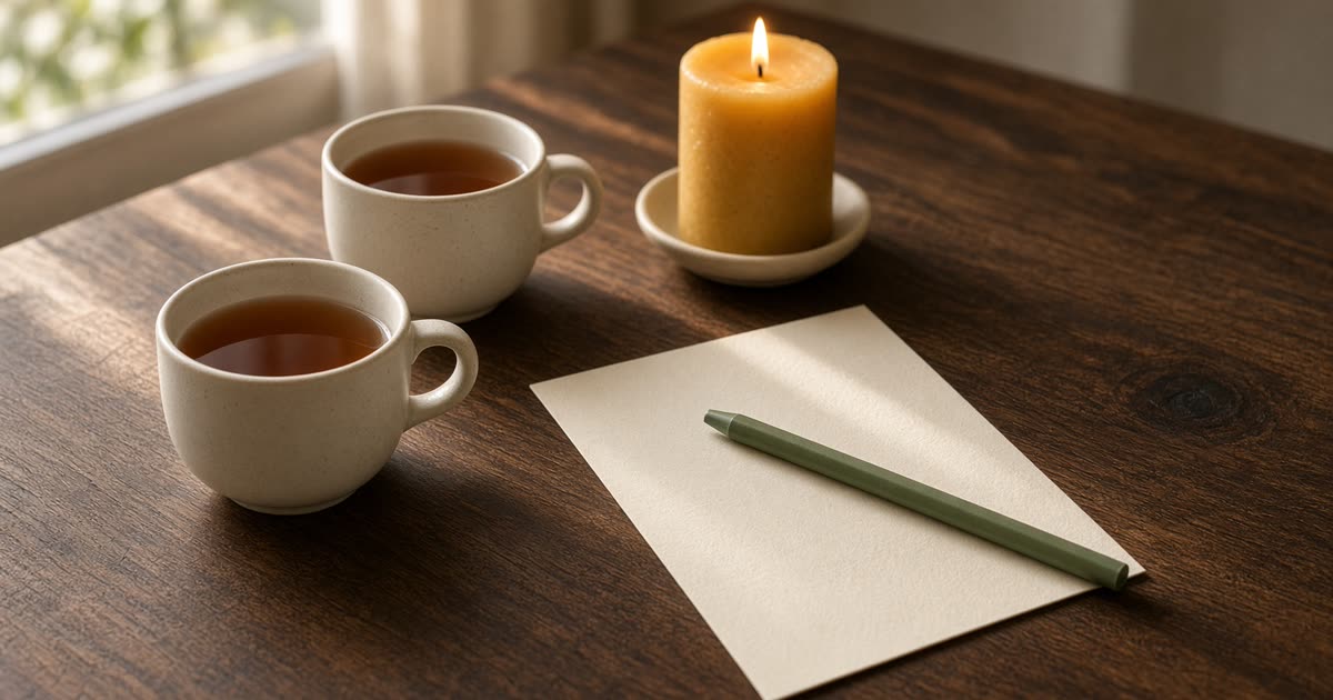Ember Notes: A kind scorecard — two cream teacups, a blank cream scorecard, a sage pencil, and a beeswax candle on walnut