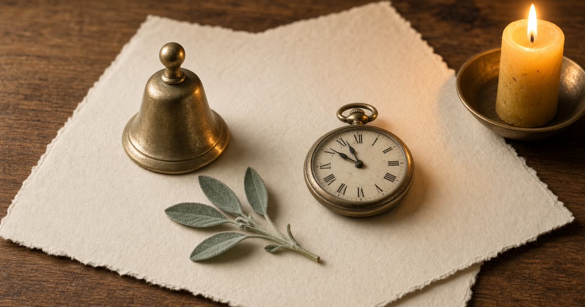 Ember Notes: A quiet cue — a brass bell, a pocket watch, and a lit beeswax candle on cream paper