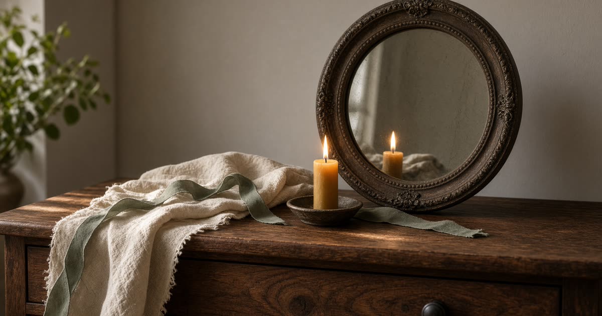 Ember Notes: A vote for who you are — an antique mirror reflecting a beeswax candle on a walnut dresser