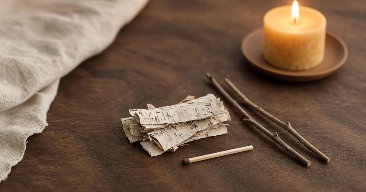 Ember Notes: Bark not the forest — a birch-bark bundle, an unlit match, and a lit beeswax candle on walnut