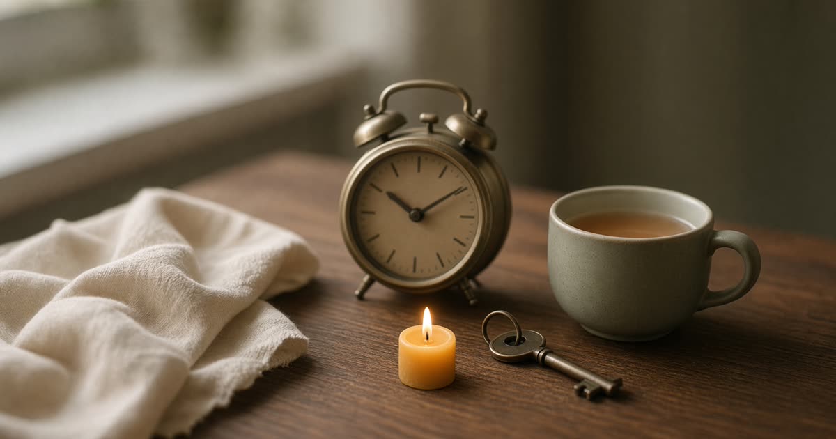 Ember Notes: Name the hour — a brass alarm clock, a sage cup of tea, a house key, and a lit beeswax candle on walnut