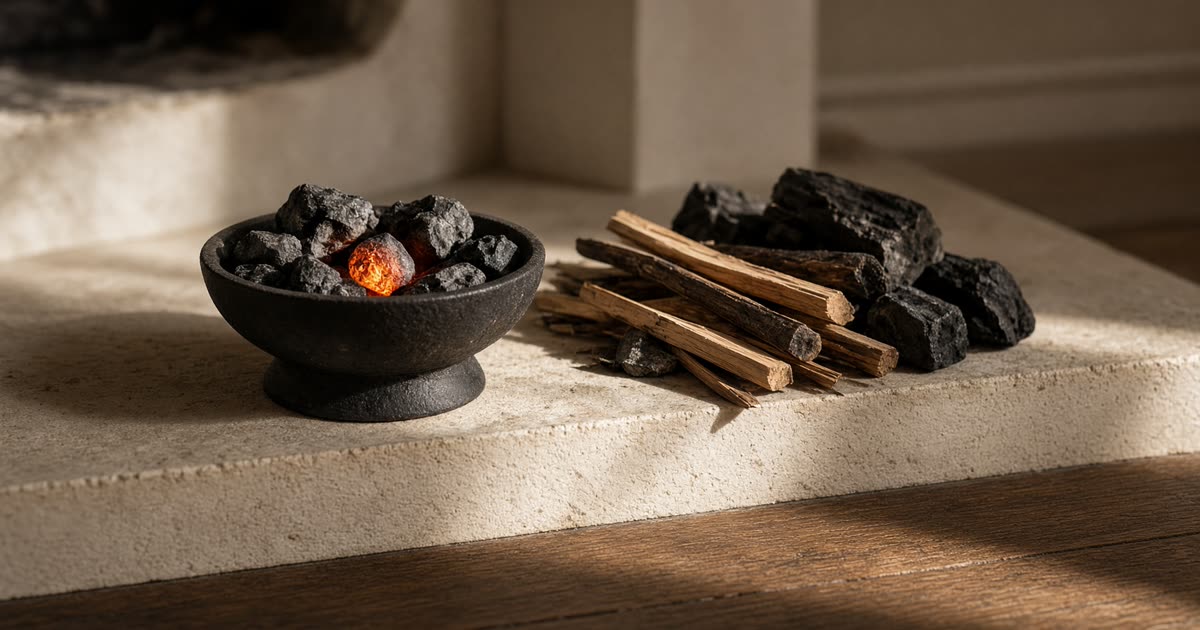 Ember Notes: One coal lights the rest — a bright coal in an iron dish warming neighboring coals on a cream hearth