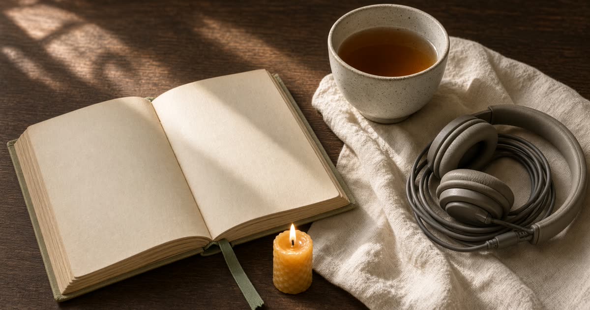 Ember Notes: Pair what you love — an open clothbound book, tea, coiled headphones, and a lit candle on walnut