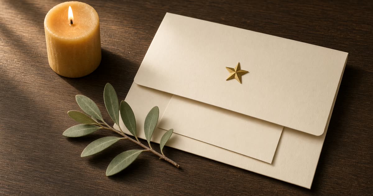 Ember Notes: Passing is enough — a cream Kindled folder, olive sprig, gold star, and a lit beeswax candle on walnut
