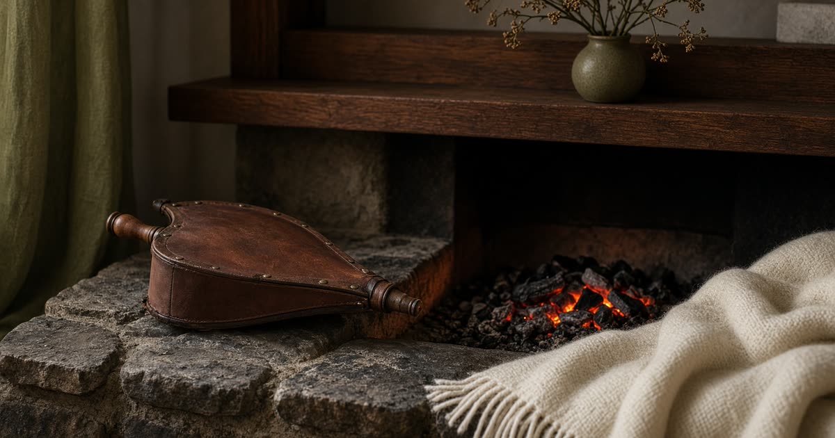 Ember Notes: The bellows rests — a leather fireplace bellows beside glowing coals on a cream hearth
