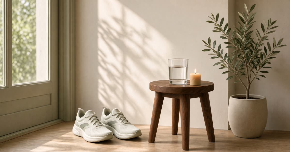Ember Notes: The room kindles — walking shoes by a sunlit doorway, a glass of water, and a lit candle on a walnut stool