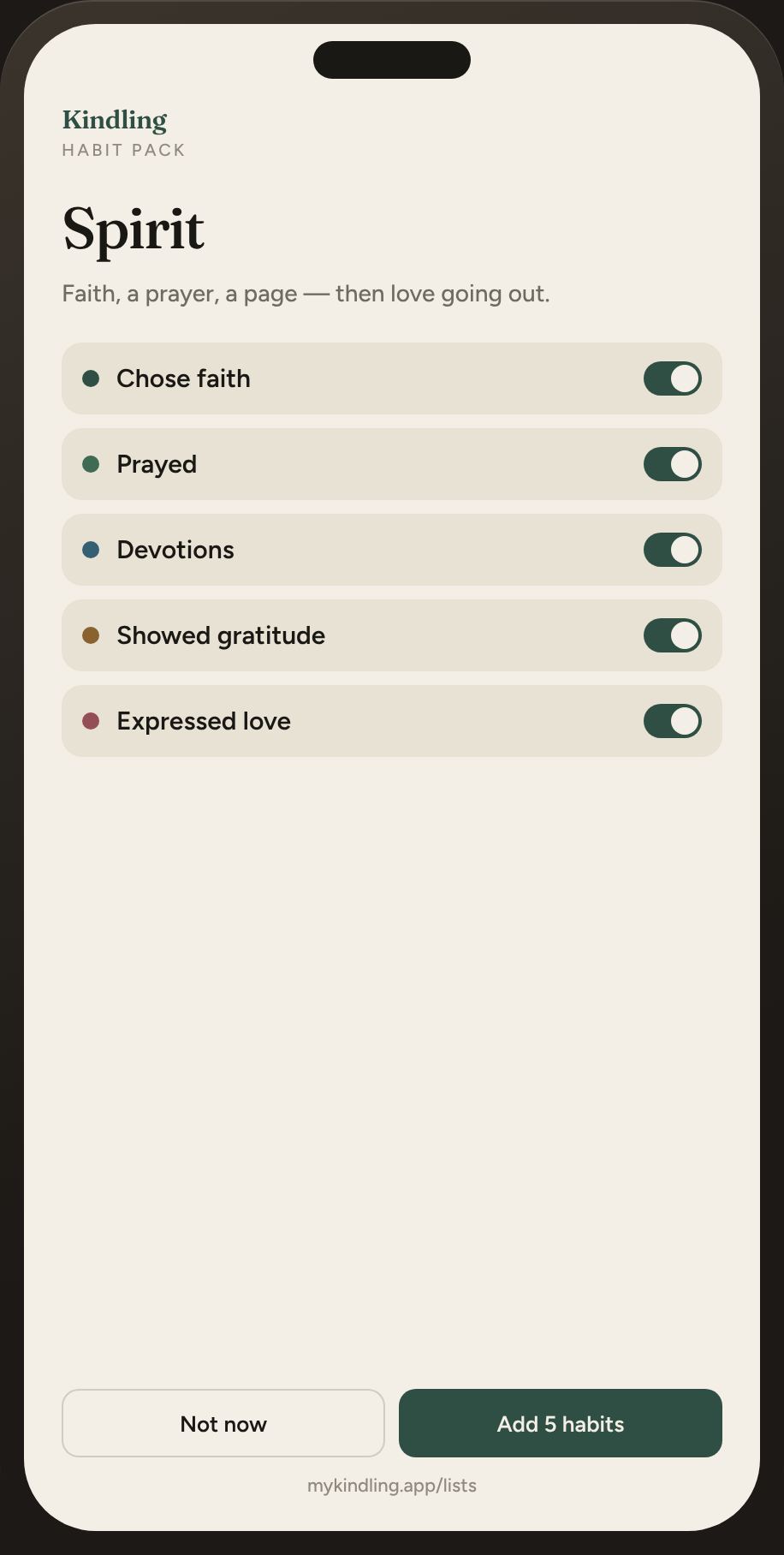 Kindling Spirit habit pack on a phone — Chose faith, Prayed, Devotions, Showed gratitude, Expressed love. Kindling — Free Calm Habit Tracker App.