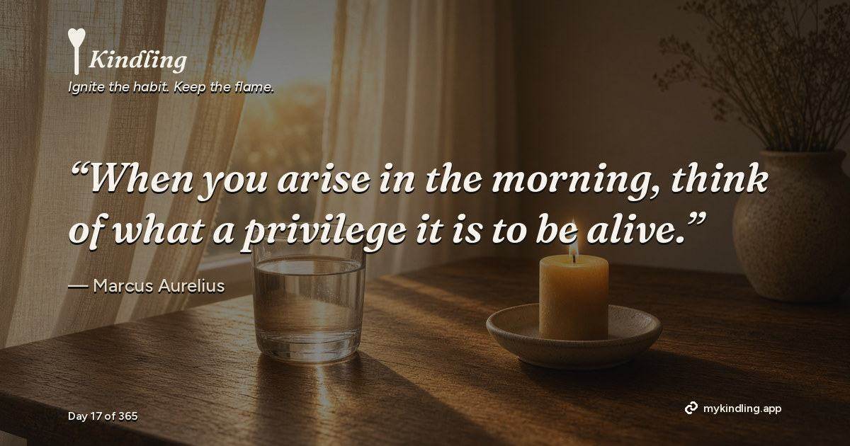 Kindling day 17 quote graphic: “When you arise in the morning, think of what a privilege it is to be alive.” — Marcus Aurelius. Ignite the habit. Keep the flame. Kindling - Free Calm Habit Tracker App