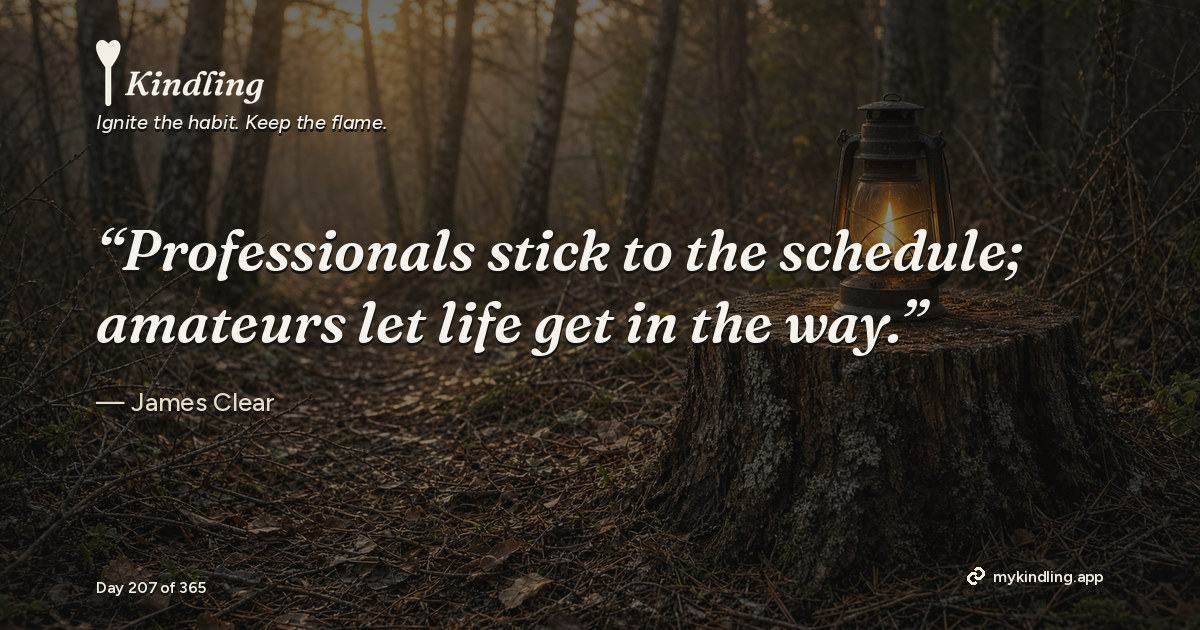 Kindling day 207 quote graphic: “Professionals stick to the schedule; amateurs let life get in the way.” — James Clear. Ignite the habit. Keep the flame. Kindling - Free Calm Habit Tracker App