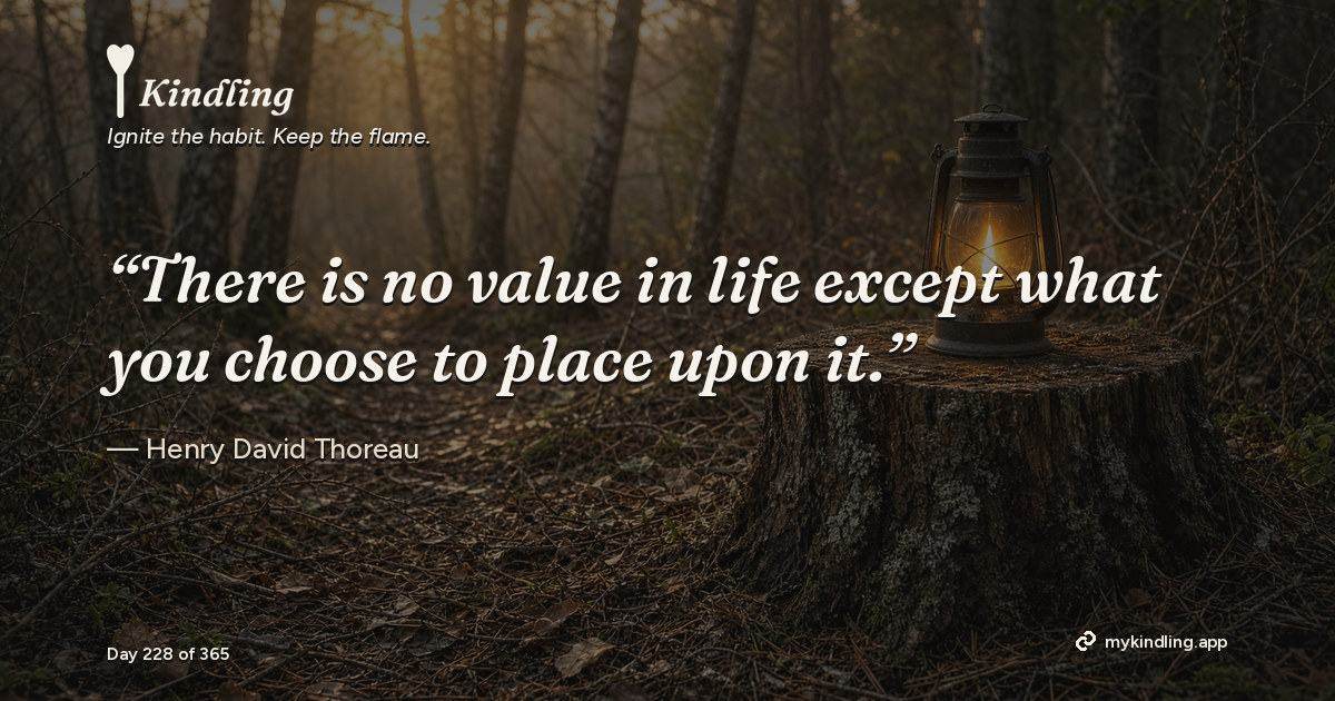 Kindling day 228 quote graphic: “There is no value in life except what you choose to place upon it.” — Henry David Thoreau. Ignite the habit. Keep the flame. Kindling - Free Calm Habit Tracker App