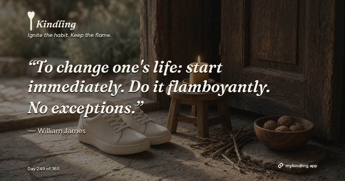 Kindling day 249 quote graphic: “To change one's life: start immediately. Do it flamboyantly. No exceptions.” — William James. Ignite the habit. Keep the flame. Kindling - Free Calm Habit Tracker App