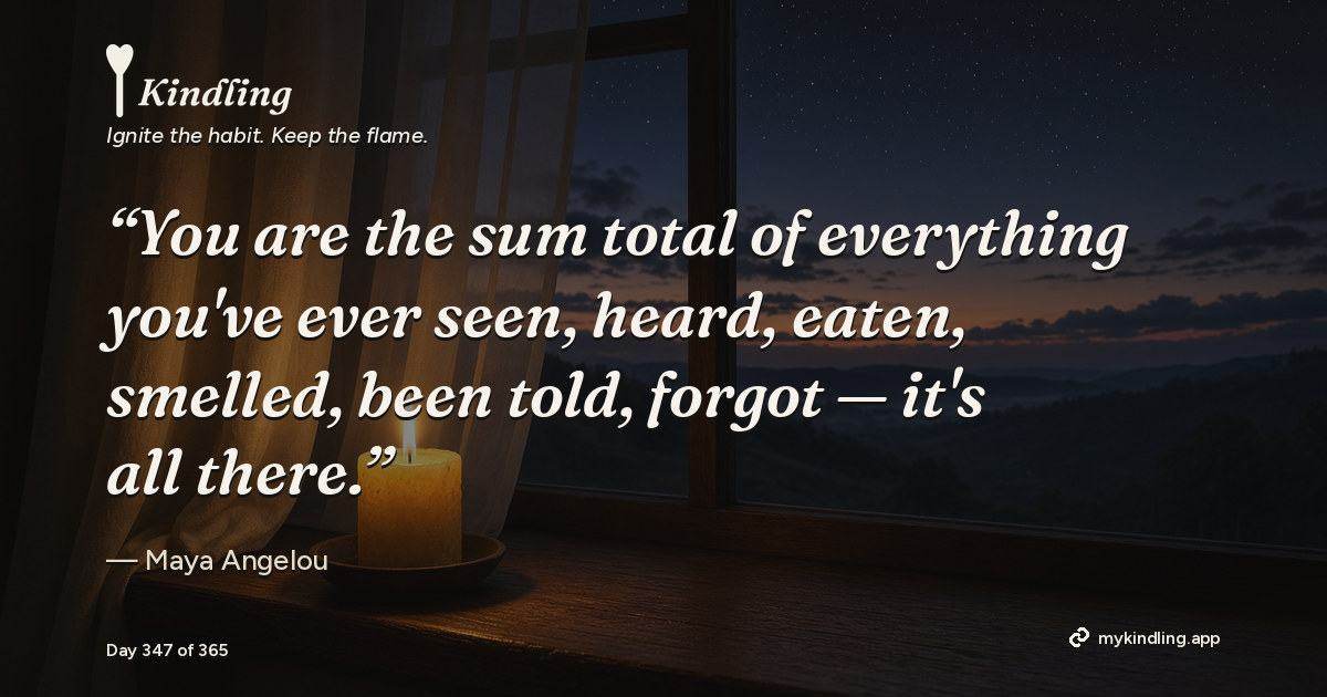 Kindling day 347 quote graphic: “You are the sum total of everything you've ever seen, heard, eaten, smelled, been told, forgot — it's all there.” — Maya Angelou. Ignite the habit. Keep the flame. Kindling - Free Calm Habit Tracker App