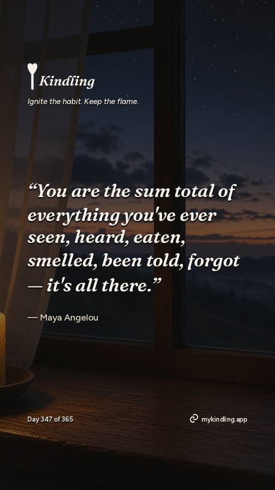 Maya Angelou — Kindling. “You are the sum total of everything you've ever seen, heard, eaten, smelled, been told, forgot — it's all there.”