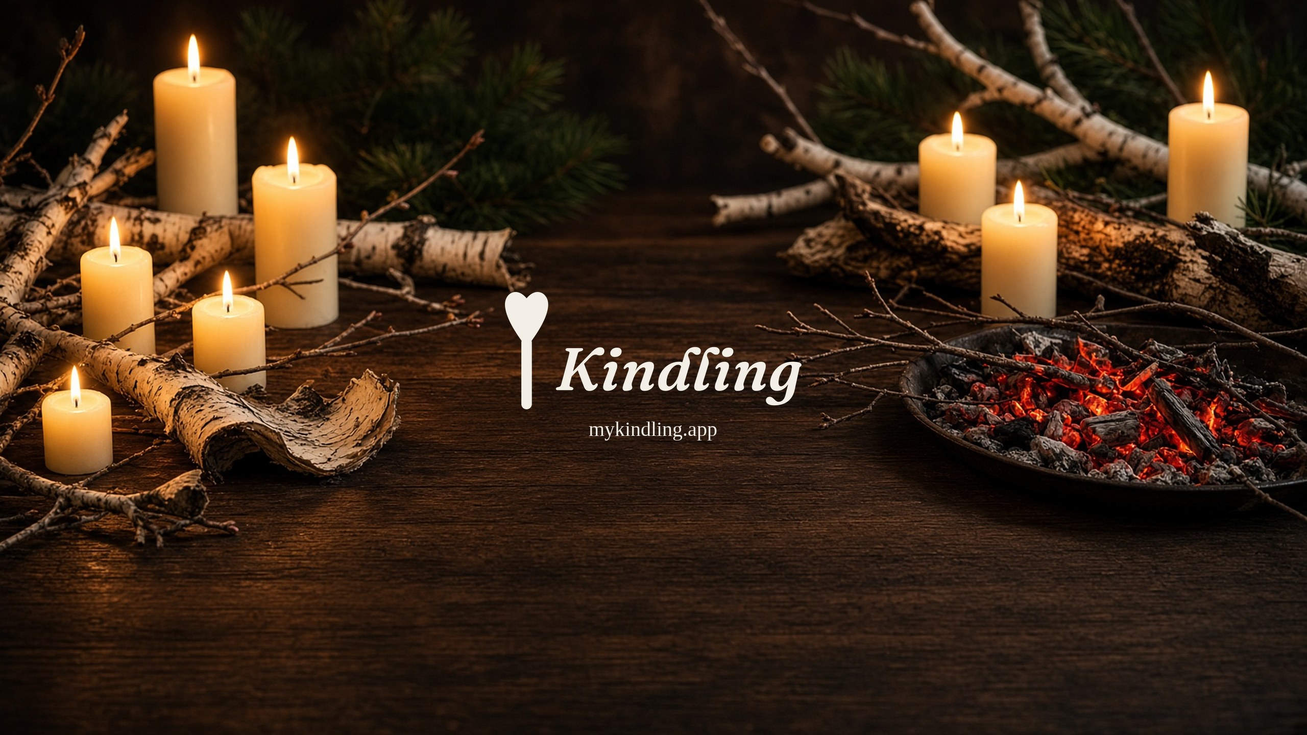 Kindling YouTube channel art 2560 by 1440: cream candles on a walnut hearth, official Kindling wordmark and mykindling.app in the 1546 by 423 all-device safe zone — Kindling - Free Calm Habit Tracker App